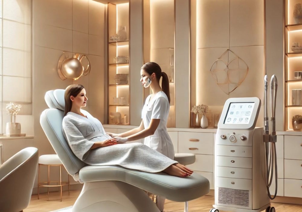 A-serene-modern-interior-of-a-medical-spa-featuring-a-soft-welcoming-color-palette-with-clean-minimalist-design.-A-medical-technician-in-a-professi A-serene-modern-interior-of-a-medical-spa-featuring-a-soft-welcoming-color-palette-with-clean-minimalist-design.-A-medical-technician-in-a-professi